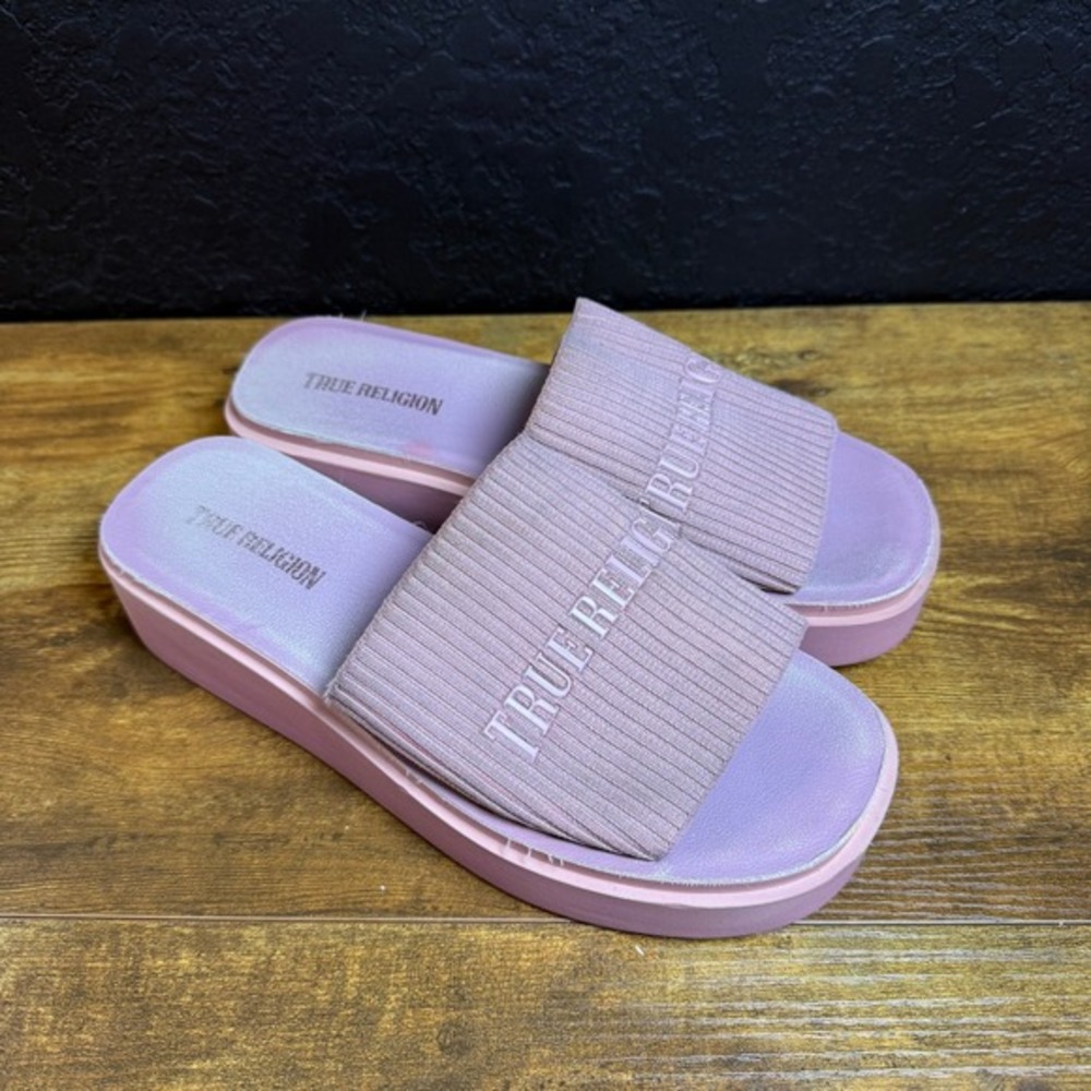 True Religion Ribbed Platform Pink Synthetic Textile Slide Sandals Womens Size 9